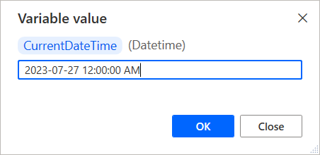 Screenshot della variabile datetime modificata nel visualizzatore di variabili.