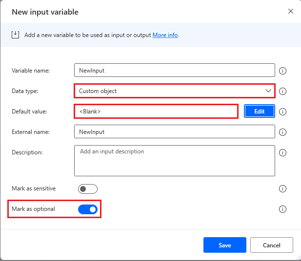 Screenshot della configurazione dell'input dell'oggetto personalizzato per utilizzare lo spazio vuoto come valore predefinito.