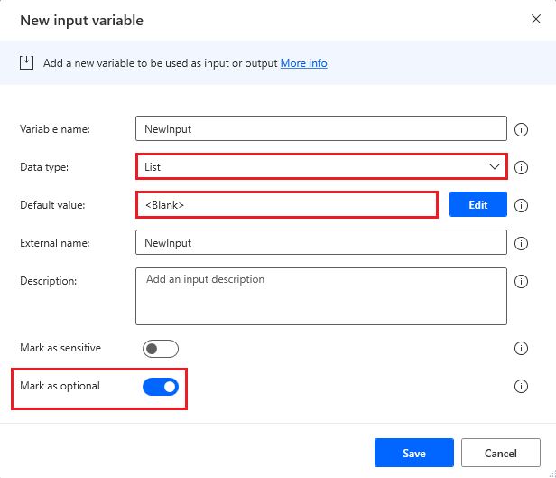 Screenshot della configurazione dell'input dell'elenco per utilizzare lo spazio vuoto come valore predefinito.