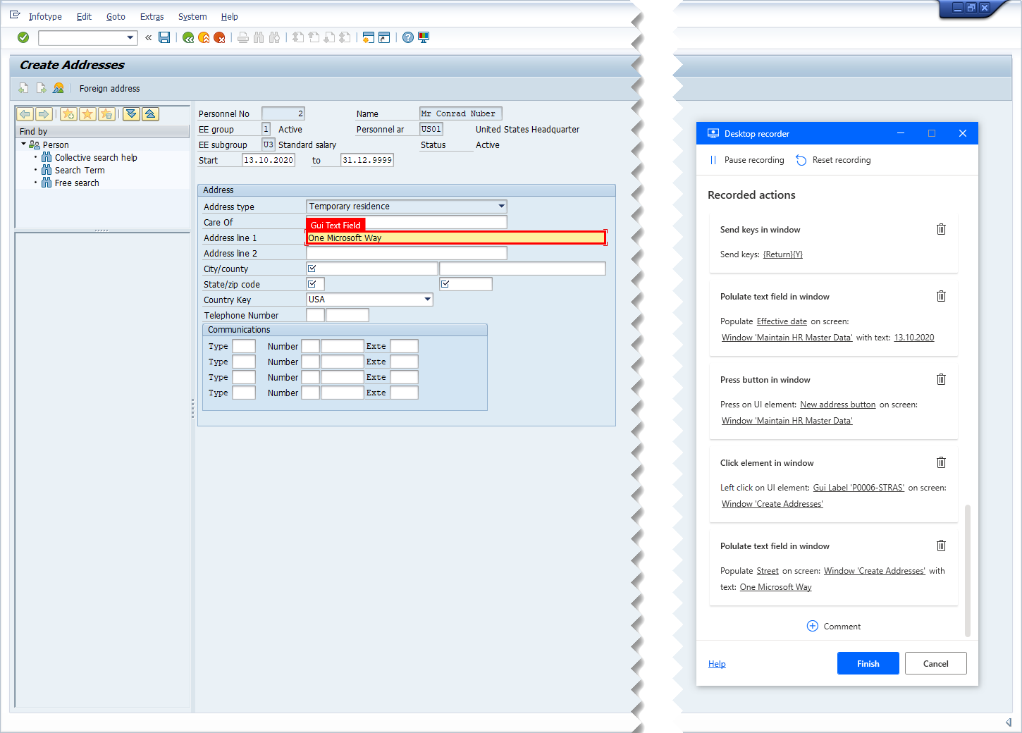 Screenshot della GUI SAP con la finestra di monitoraggio Registratore desktop e il campo Riga 1 indirizzo SAP specificato ed evidenziato per la registrazione.