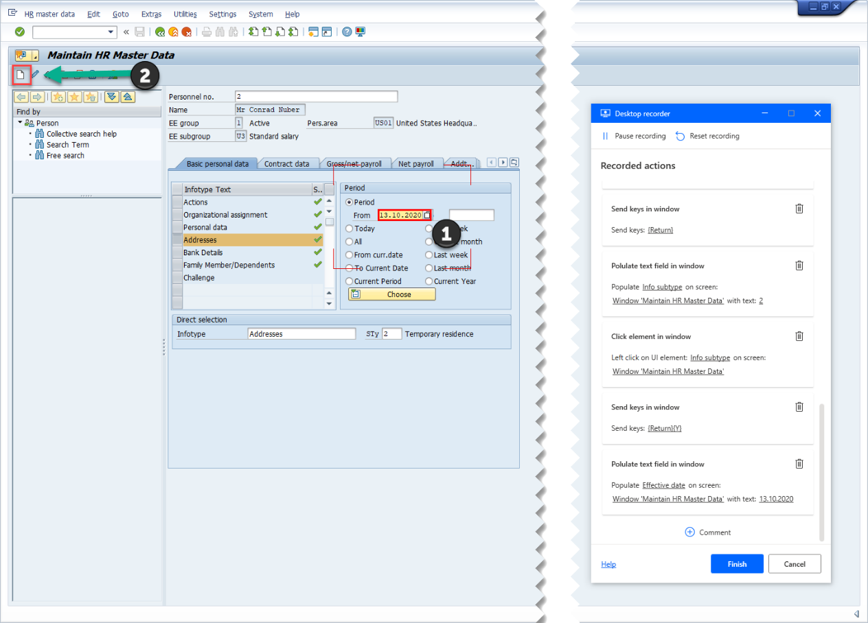 Screenshot della GUI SAP con la finestra di monitoraggio Registratore desktop e il campo Periodo Da SAP specificato ed evidenziato per la registrazione.