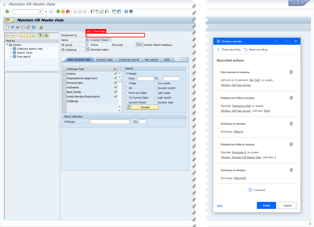 Screenshot della GUI SAP con la finestra di monitoraggio Registratore desktop e il campo Numero di personale SAP evidenziato per la registrazione.