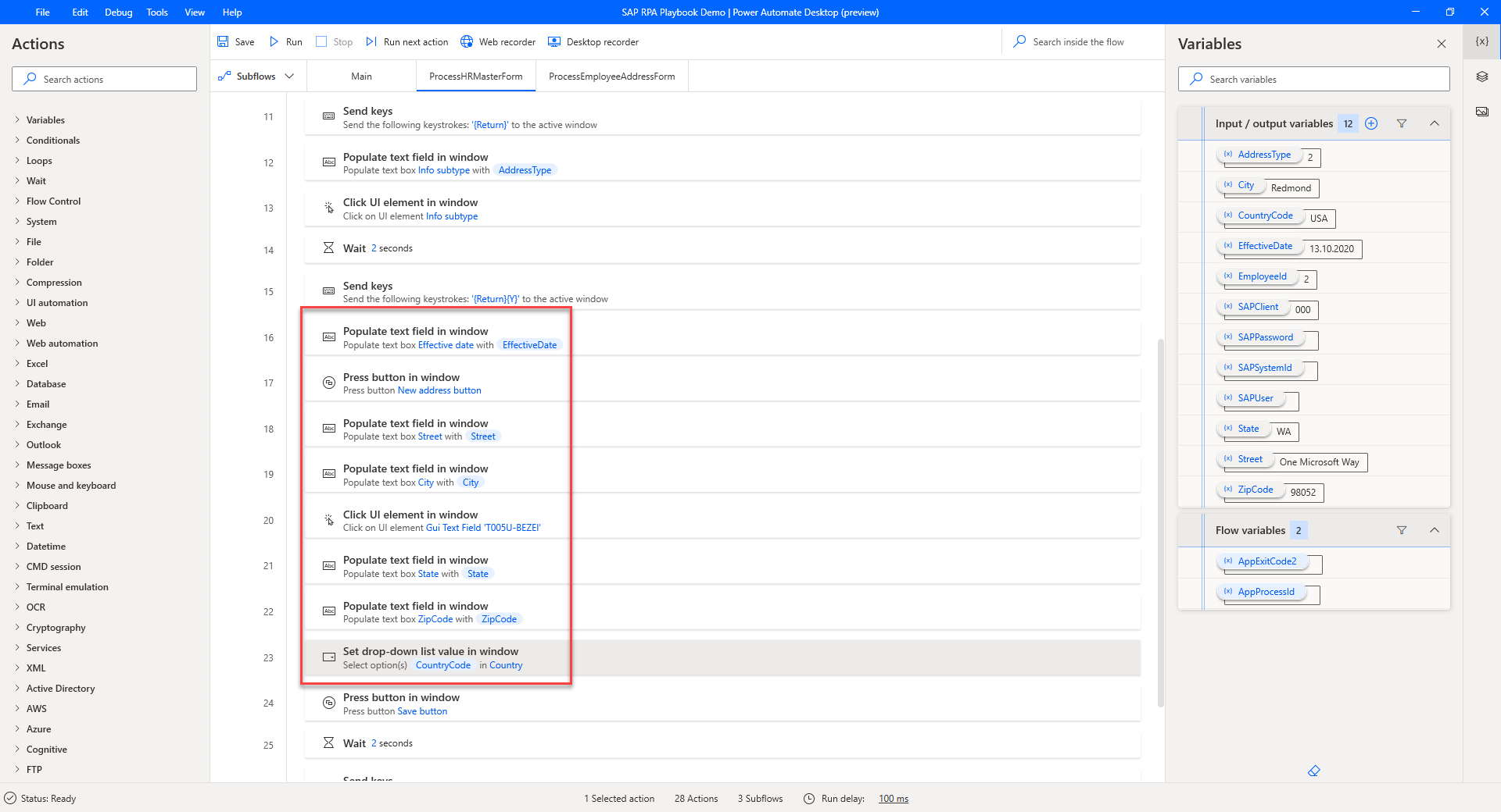 Screenshot di Power Automate Desktop che mostra i risultati dell'azione dopo aver rinominato Data di validità, Via, Città, Stato, CAP e Paese.