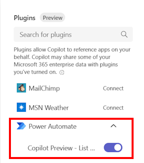 Screenshot del plug-in Power Automate.