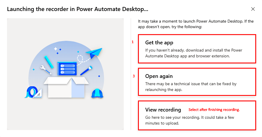 Screenshot della schermata Avvio del registratore in Power Automate per desktop.