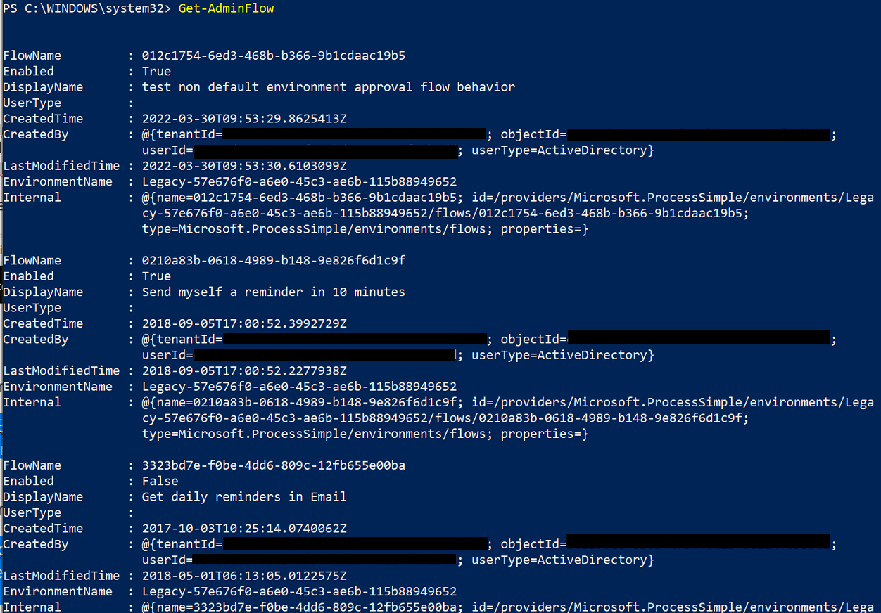 Screenshot che mostra l'output di Get-AdminFlow.