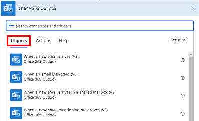 Screenshot di alcuni dei trigger di Outlook Office 365.