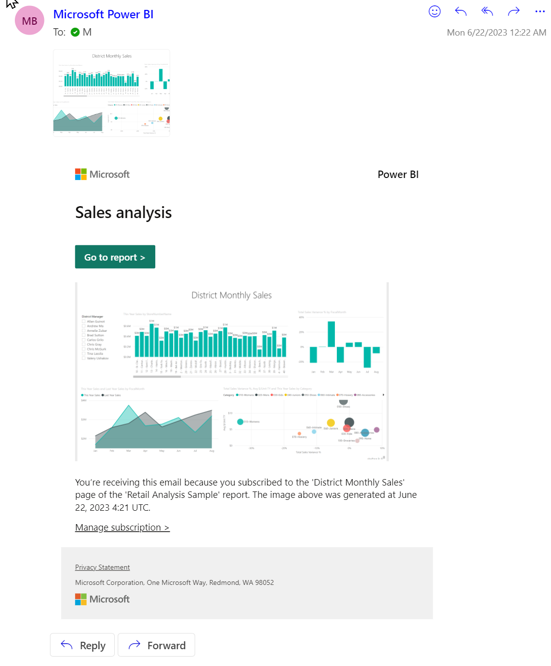 Screenshot che mostra la posta elettronica per la sottoscrizione a un report.