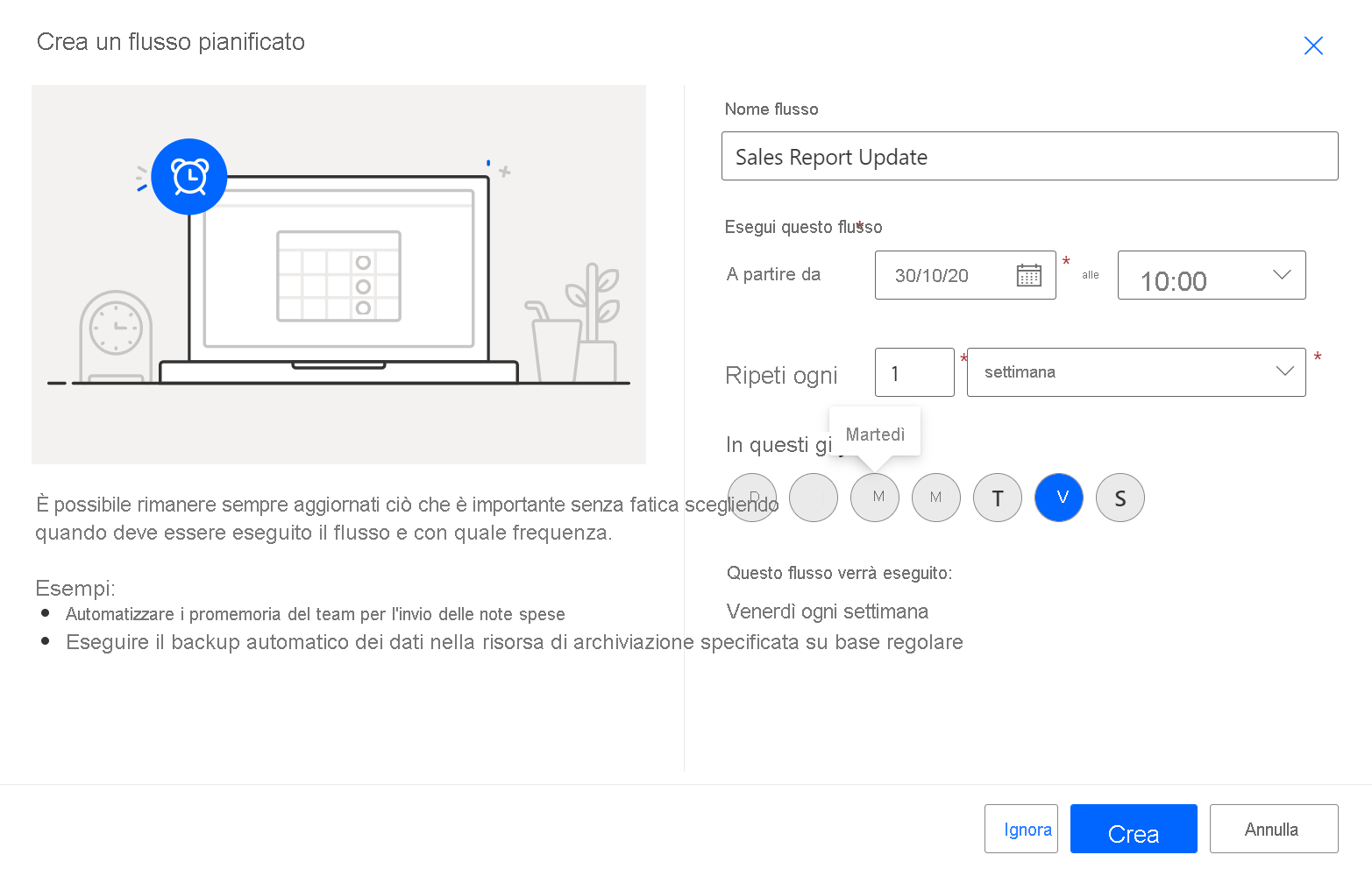 Screenshot che mostra la finestra di dialogo Crea un flusso cloud pianificato.