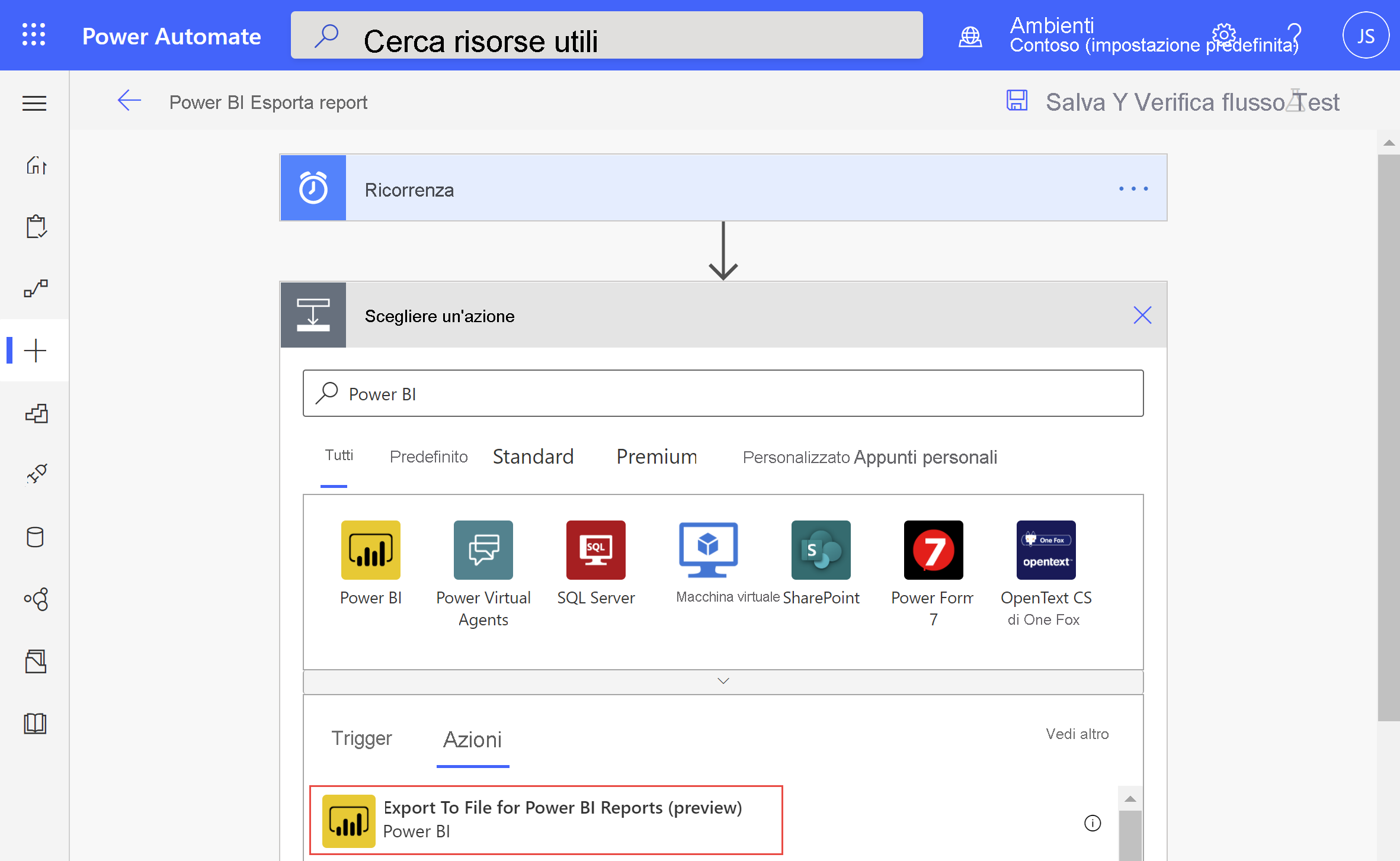 Screenshot che mostra la finestra di dialogo di Power Automate per la scelta di un'operazione. L'esportazione in file per i report di Power BI è evidenziata.