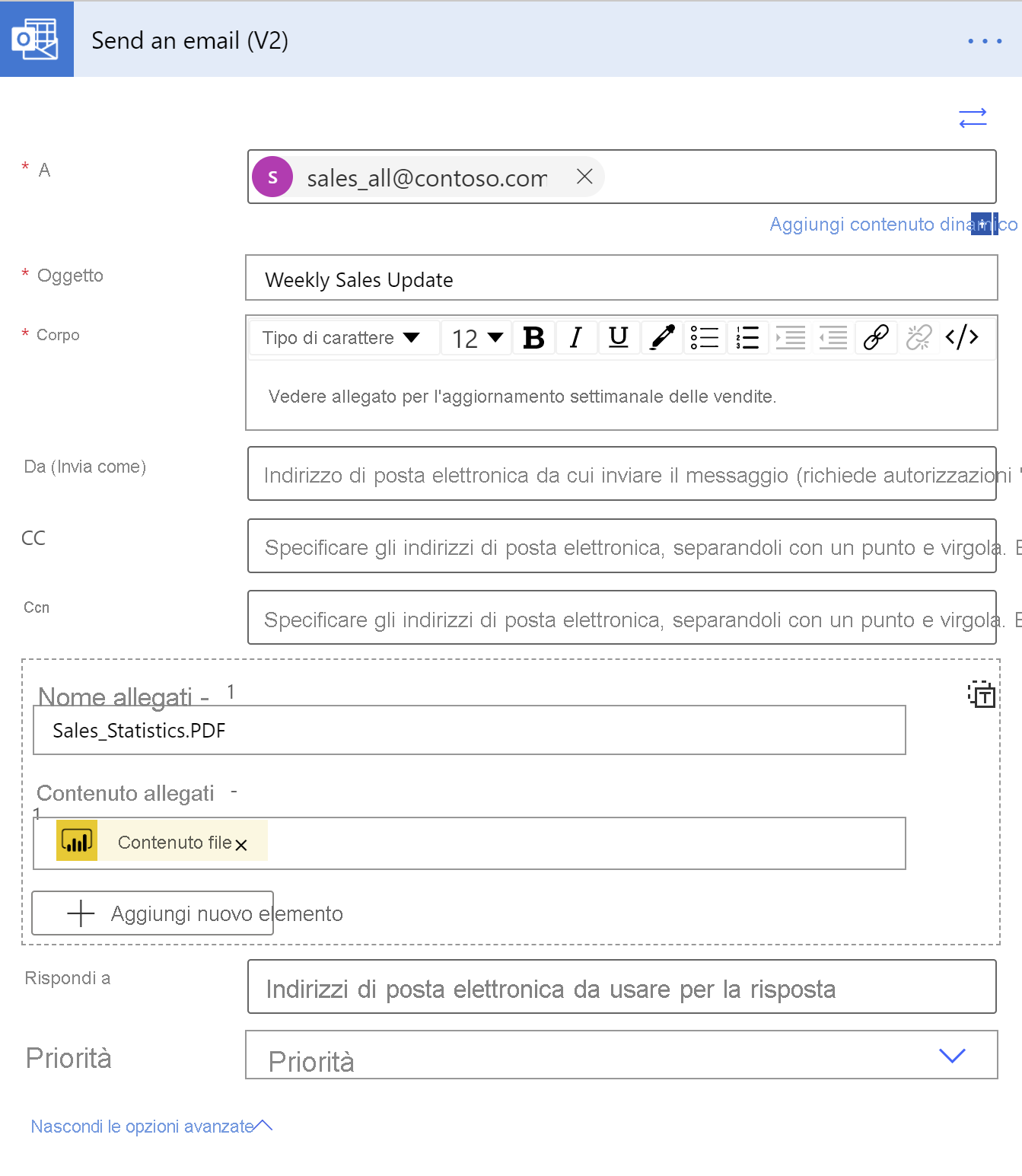 Screenshot che mostra la finestra di dialogo Invia un messaggio di e-mail V2.