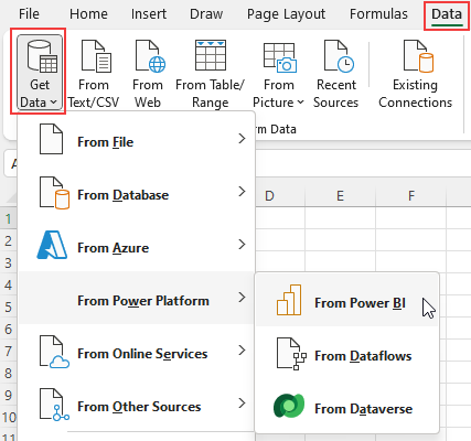 Screenshot che mostra come recuperare i dati di Power BI dalla scheda Dati.