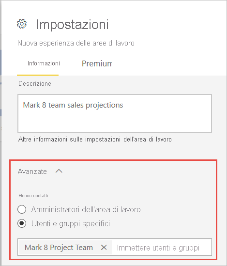 Screenshot dei contatti dell'area di lavoro.