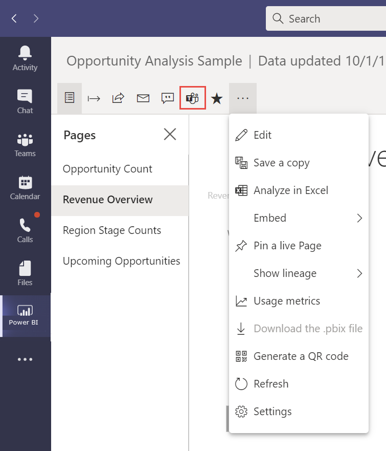 Screenshot del report Opportunity Analysis Sample nell'app Microsoft Teams con la pagina Revenue Overview visualizzata e l’opzione Condividi selezionata.