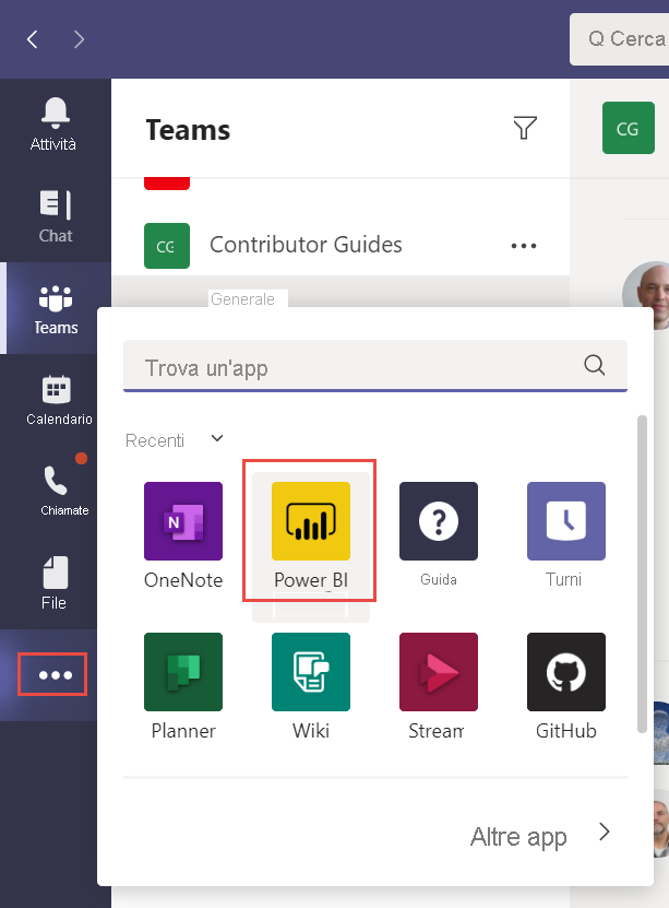 Screenshot della pagina Teams con il menu Altre app aggiunte selezionato. Power BI viene immesso nella barra di ricerca e selezionato nell'elenco delle app.