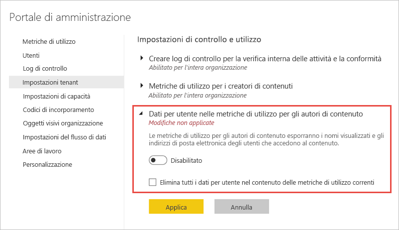 Screenshot della disabilitazione delle metriche per utente.