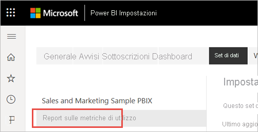 Screenshot della selezione del modello semantico delle Metriche di utilizzo.