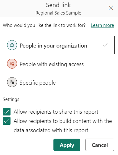 Screenshot della finestra di dialogo invia collegamento al report di Power BI.