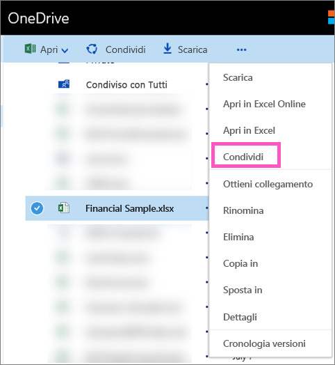 Screenshot che evidenzia dove selezionare Condividi.