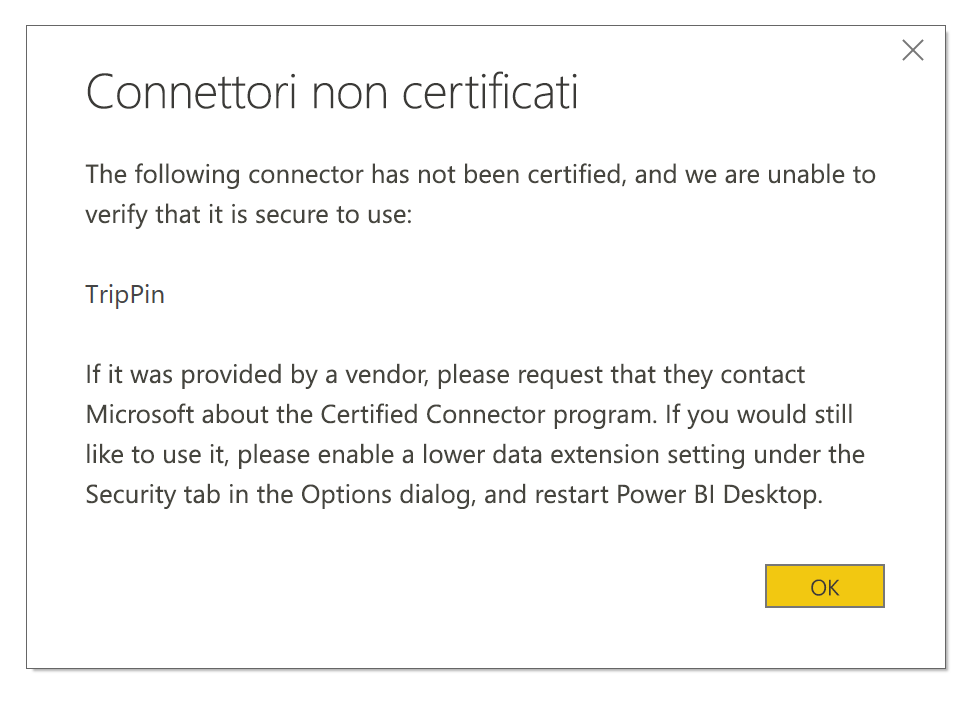 Screenshot che mostra la finestra di dialogo Connettori non certificati.