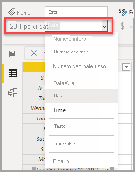 Screenshot della Visualizzazione tabella, che mostra la selezione a discesa del tipo di dati.