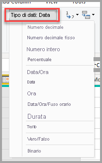 Screenshot dell'editor di Power Query, che mostra la selezione dell'elenco a discesa Tipo di dati.