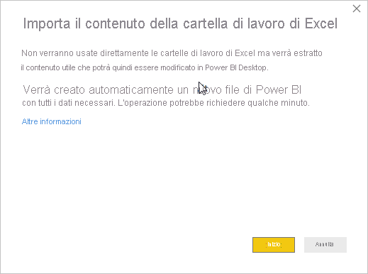 Screenshot che mostra il messaggio Importa il contenuto della cartella di lavoro di Excel.