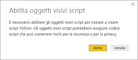 Screenshot della finestra di dialogo Abilita oggetti visivi script, con la richiesta di abilitazione.