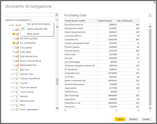 Screenshot delle opzioni di visualizzazione nella finestra Navigatore.