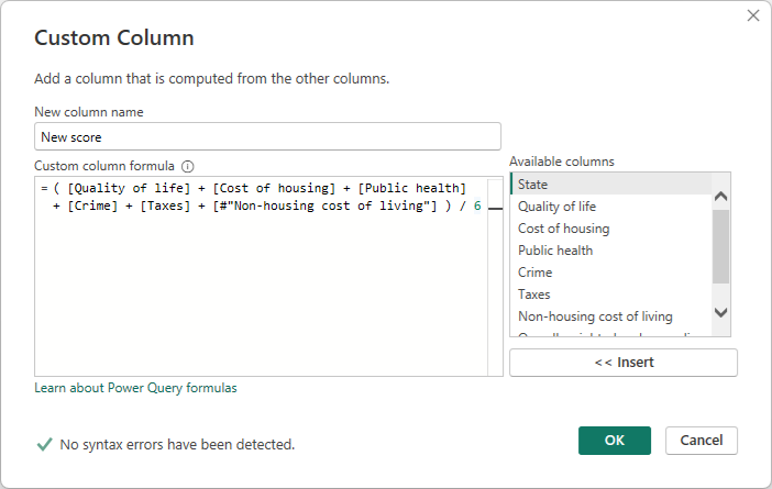 Screenshot della finestra di dialogo Colonna personalizzata dell'editor di Power Query con errori di formula corretti.