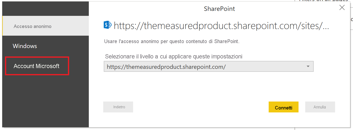 Screenshot che mostra l'opzione di selezionare un account Microsoft