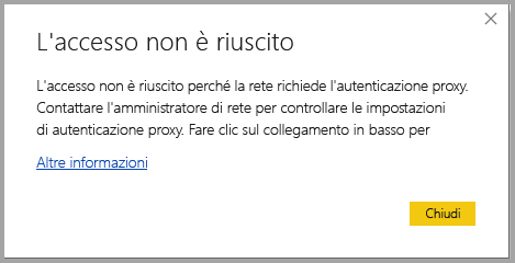 Screenshot che mostra una finestra di dialogo relativa a un errore di accesso per l'errore di autenticazione proxy.