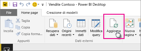 Screenshot della barra multifunzione Home in Power BI Desktop, che mostra la selezione di Aggiorna.