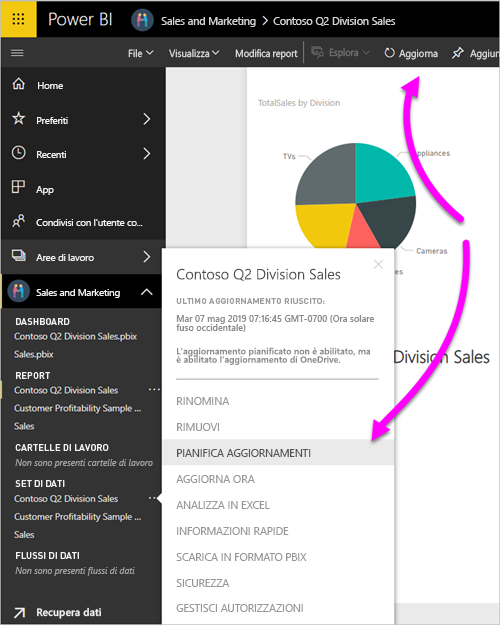 Screenshot del modello semantico in Power BI Desktop, che mostra la selezione di Pianifica aggiornamento.