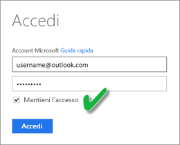 Screenshot della finestra di dialogo di accesso, che mostra la casella Mantieni l'accesso selezionata.