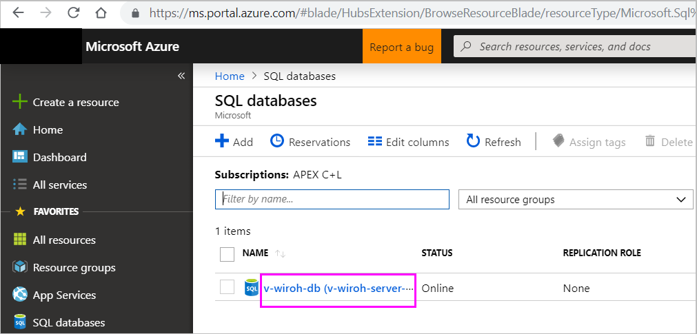 Screenshot che mostra la pagina Database SQL nel portale di Azure con un database evidenziato.