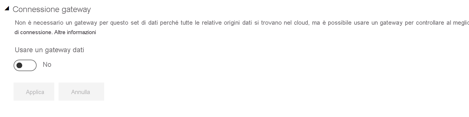 Screenshot delle impostazioni di connessione del gateway espanse con l'interruttore impostato su Off.