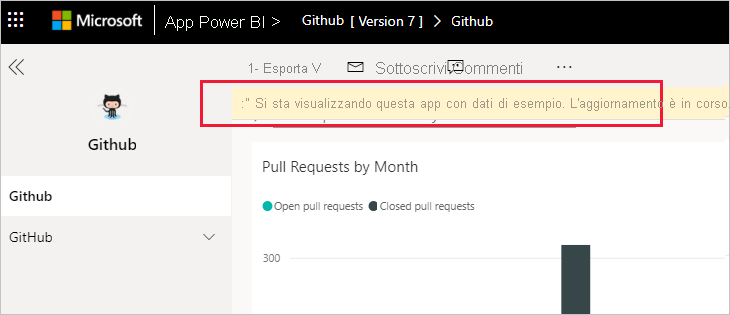 Aggiornamento dell'app GitHub in Power BI in corso