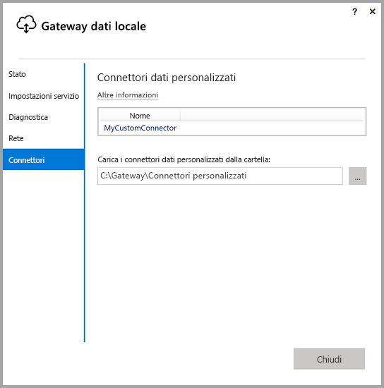 Screenshot che mostra la schermata Connettori dati personalizzati nell'app gateway dati locale.