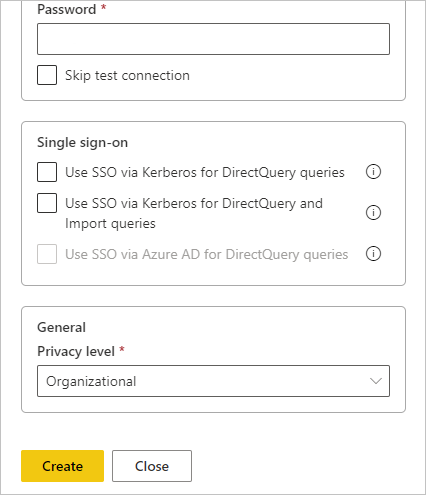  Screenshot of the Privacy level setting for SQL data source.