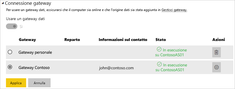 Screenshot della selezione del gateway locale da usare per l'aggiornamento pianificato.