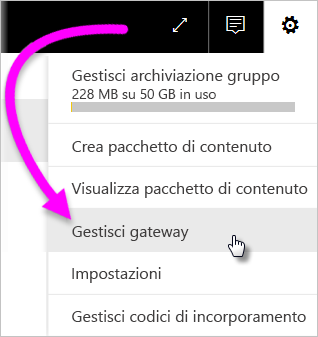 Screenshot che mostra l'icona a forma di ingranaggio con il relativo menu di scelta rapida con l'opzione Gestisci connessioni e gateway selezionata.