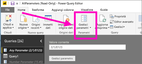 Screenshot della scheda Home dell'editor di Power Query che mostra l'opzione Gestisci parametri in Power BI Desktop.