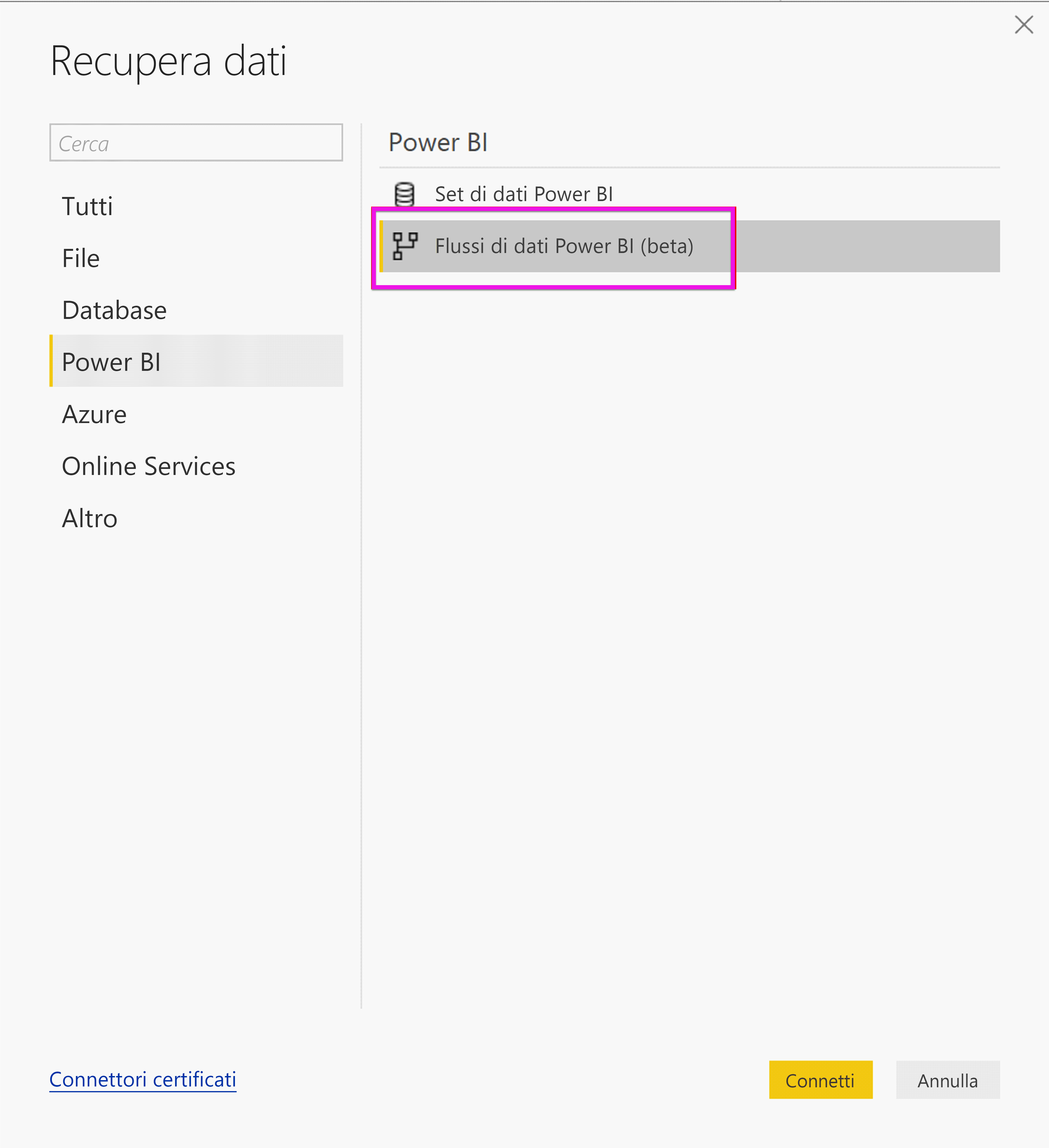 Screenshot shows the Get Data pane with Power BI dataflows selected.