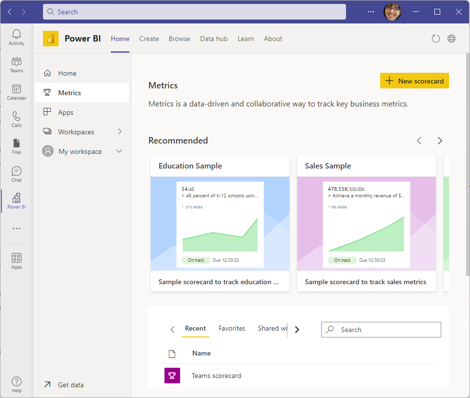 Hub home delle metriche in Power BI.