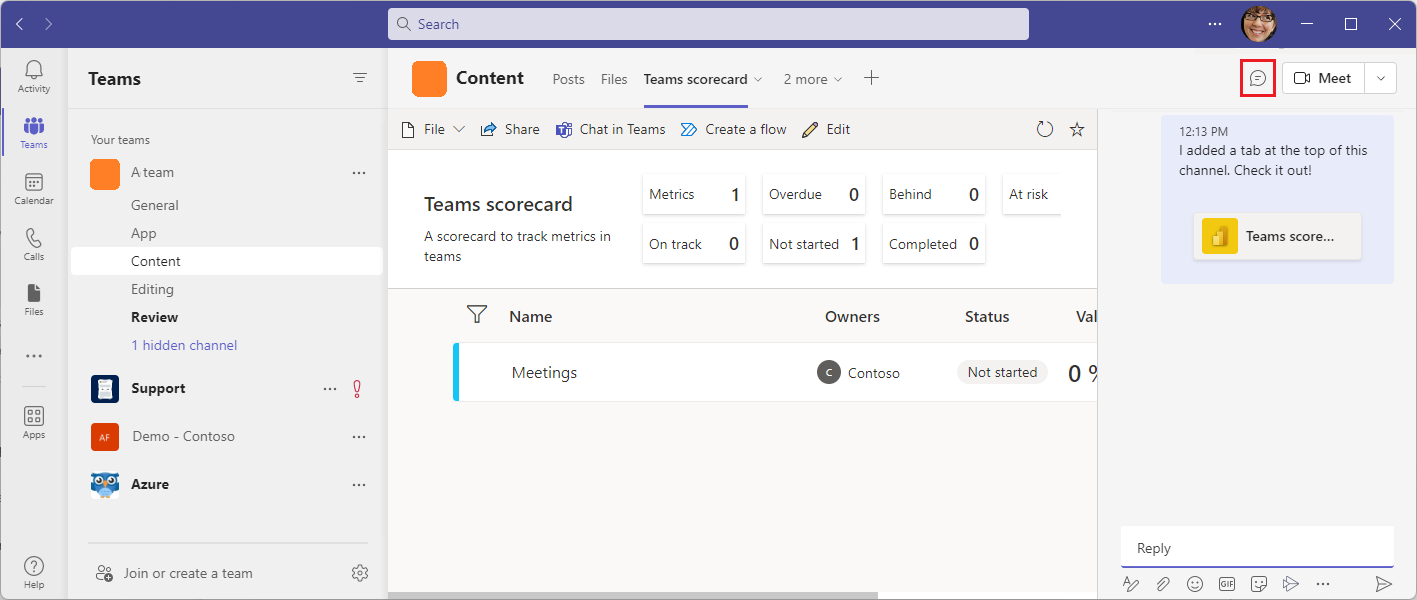 Aprire la finestra della chat in Teams per visualizzare il post sulla scorecard.