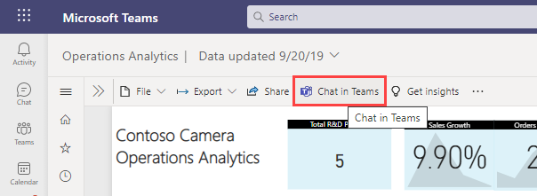 Screenshot di un report di Power BI in una riunione di Teams con il pulsante Chat in Teams evidenziato.