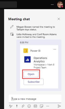 Screenshot del riquadro della chat in Teams con un messaggio che mostra un'icona Apri evidenziata.