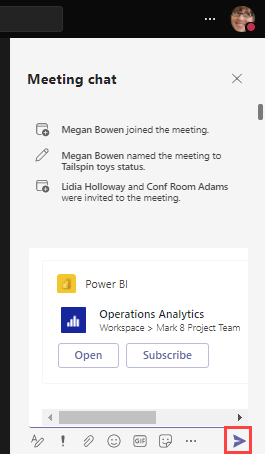 Screenshot del riquadro della chat in Teams con l'icona invia messaggio evidenziata.