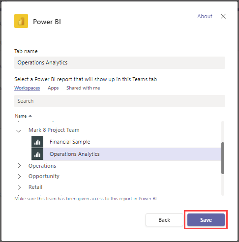 Screenshot della finestra Aggiungi una scheda e di Power BI con il pulsante Salva evidenziato.